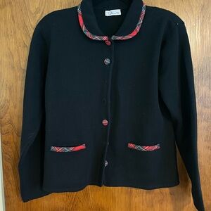Black Cardigan with Red Plaid Accents
